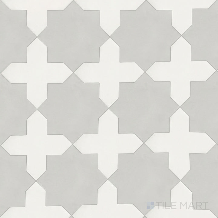 Overview of Kasbah bone cross and smoke star checkerboard matte porcelain tile from an alternate angle highlighting its cool moody contrast and geometric interlocking pattern