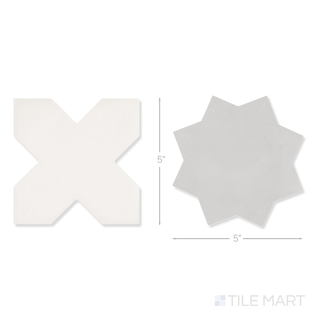 Top-down view of a single Kasbah bone cross and smoke star checkerboard matte porcelain tile showing its delicate bone cross and atmospheric smoke star surface detail