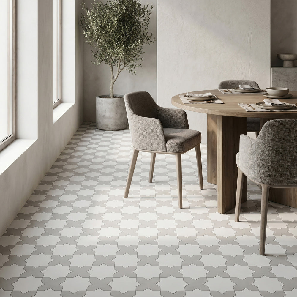 Kasbah matte porcelain checkerboard tile with smoke cross and bone star shapes showcasing a subtle, atmospheric palette with quiet geometric depth