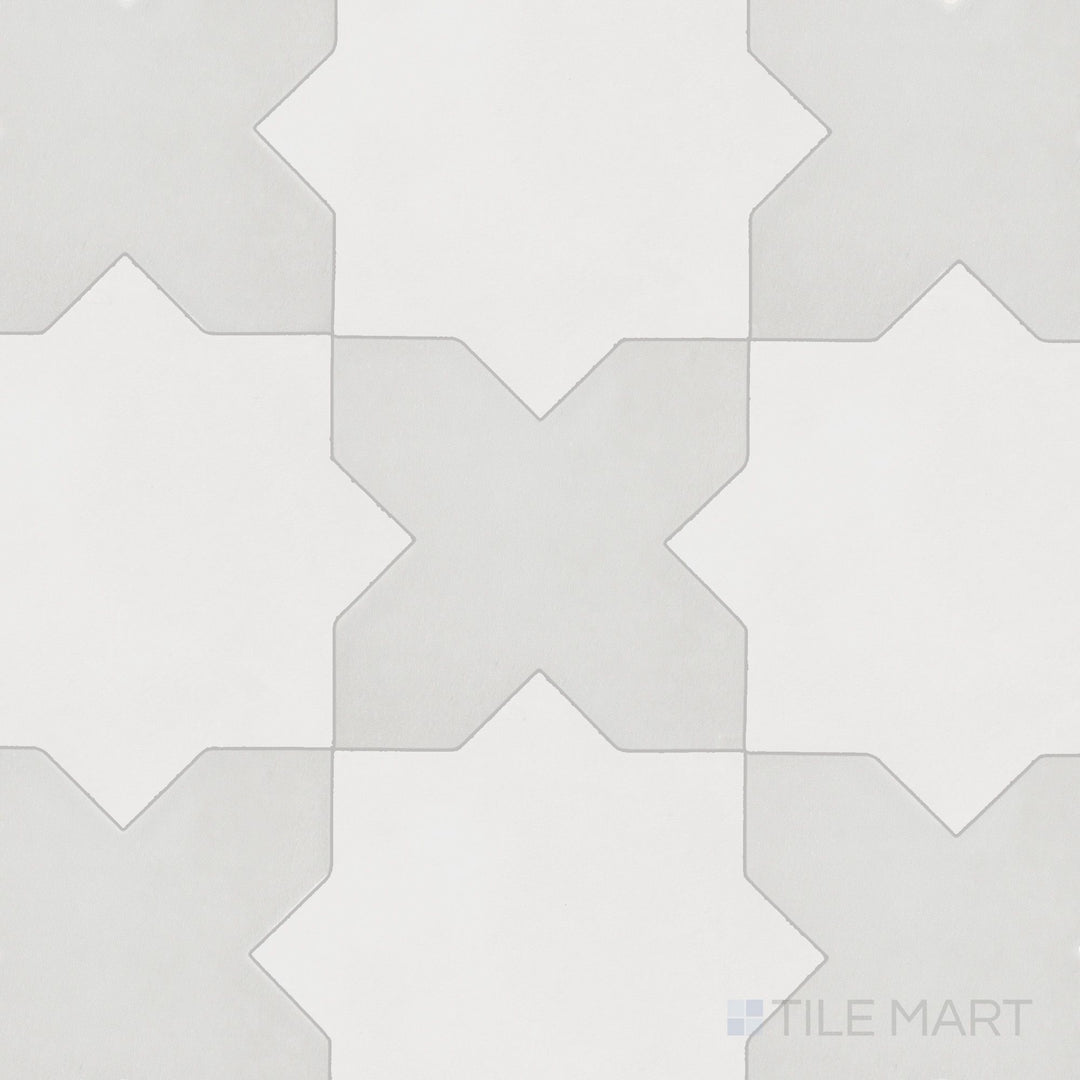 Matte porcelain Kasbah tile with soft bone cross pieces contrasted by moody smoke-toned star shapes