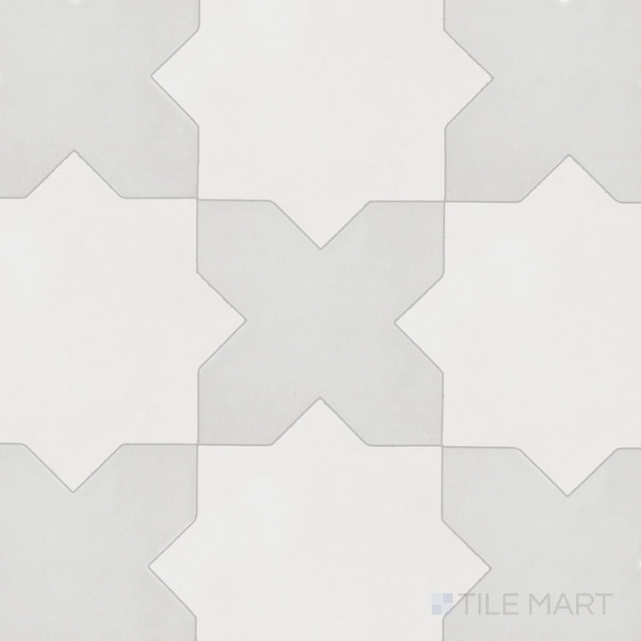 Matte porcelain Kasbah tile with soft bone cross pieces contrasted by moody smoke-toned star shapes