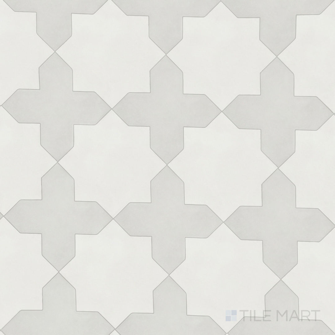 Overview of Kasbah smoke cross and bone star checkerboard matte porcelain tile from an alternate angle highlighting its subtle inverted cool-toned geometric pattern layout