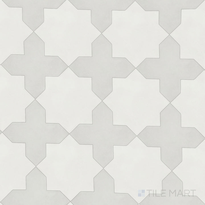 Overview of Kasbah smoke cross and bone star checkerboard matte porcelain tile from an alternate angle highlighting its subtle inverted cool-toned geometric pattern layout