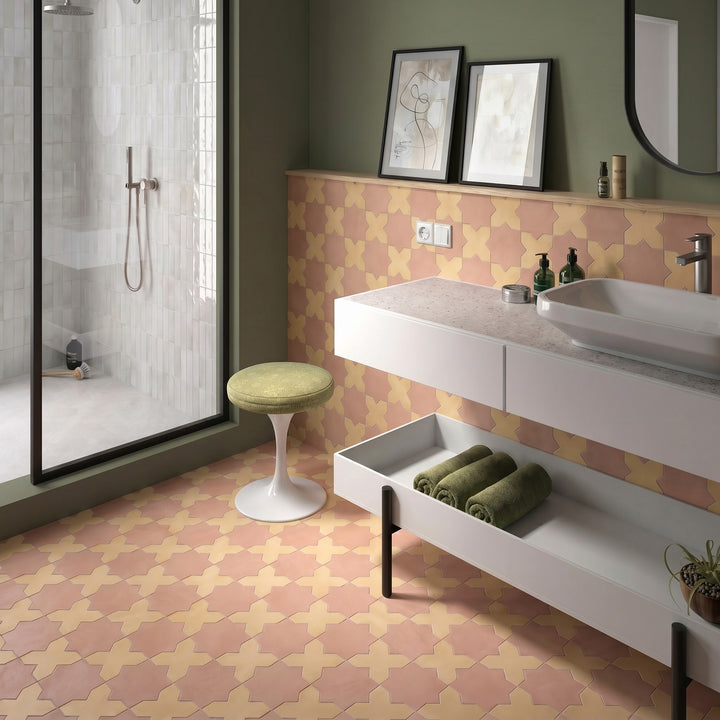 Kasbah matte porcelain tile featuring fawn cross and terracotta star pieces emphasizing its rich tonal warmth and intricate interlocking geometric design