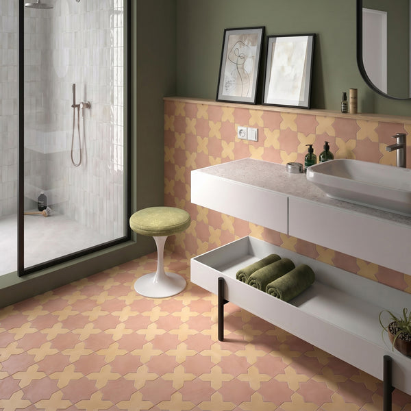 Kasbah matte porcelain tile featuring fawn cross and terracotta star pieces emphasizing its rich tonal warmth and intricate interlocking geometric design