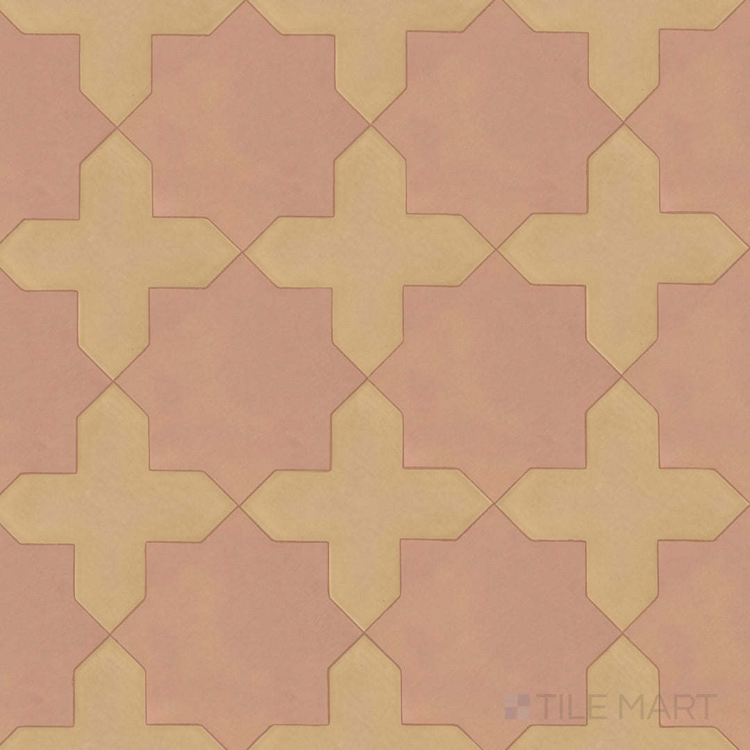 Overview of Kasbah fawn cross and terracotta star checkerboard matte porcelain tile from an alternate angle highlighting its warm tonal harmony and Moroccan-inspired geometric layout
