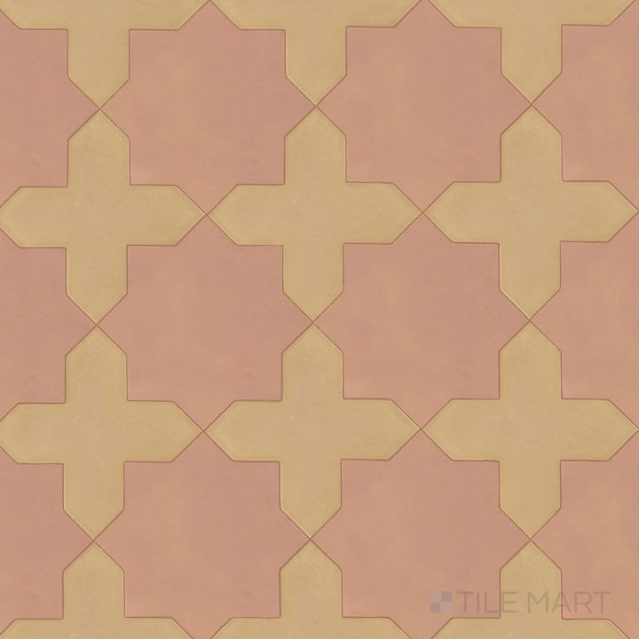 Overview of Kasbah fawn cross and terracotta star checkerboard matte porcelain tile from an alternate angle highlighting its warm tonal harmony and Moroccan-inspired geometric layout