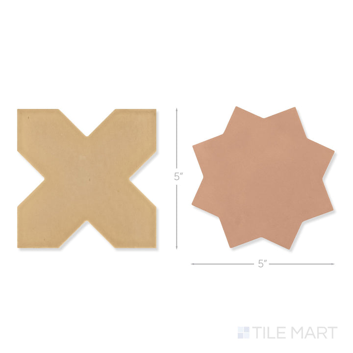Top-down view of a single Kasbah fawn cross and terracotta star checkerboard matte porcelain tile showing its warm fawn cross and rich terracotta star surface detail