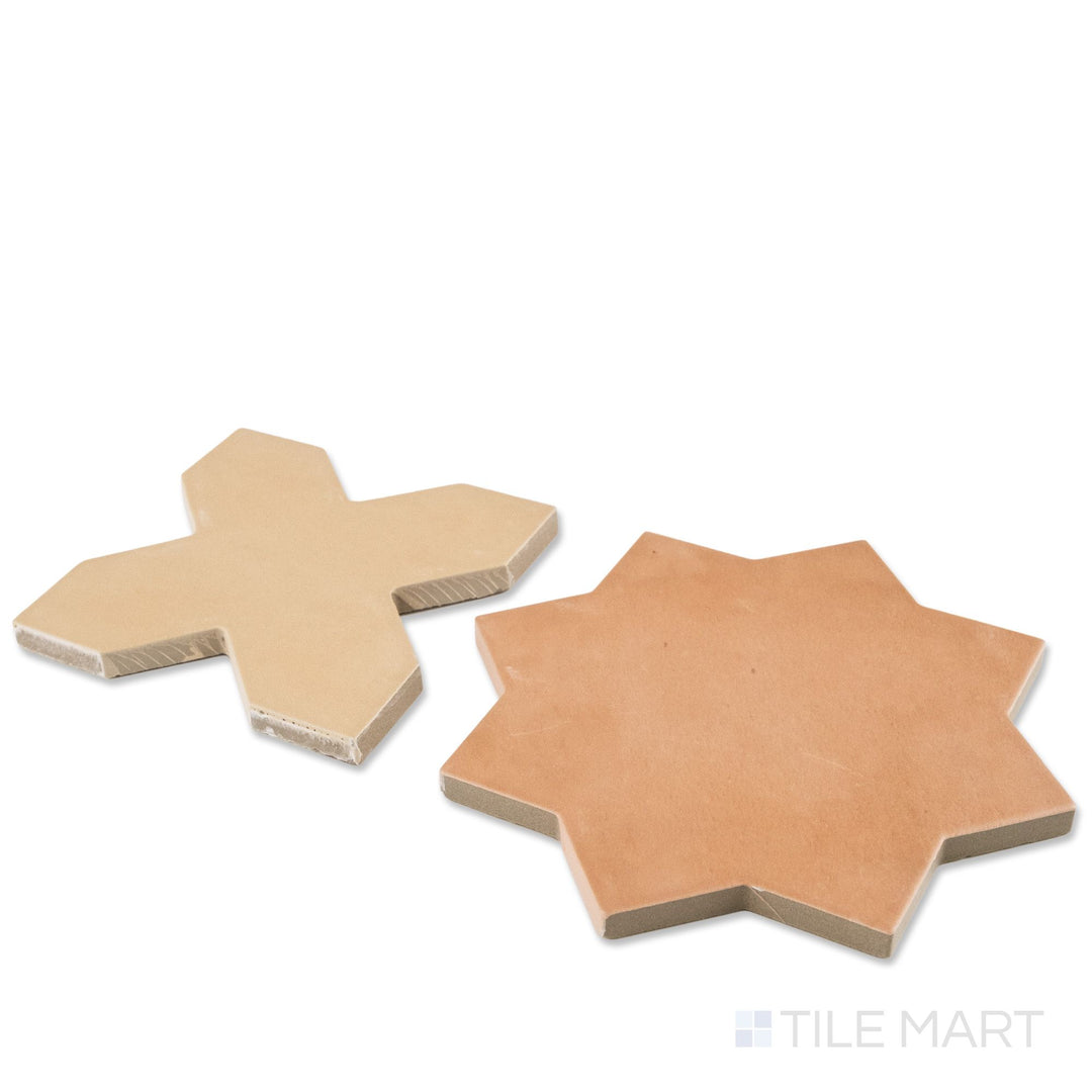 Corner shot of Kasbah fawn cross and terracotta star checkerboard matte porcelain tile revealing its edge profile and warm earthy geometric matte surface