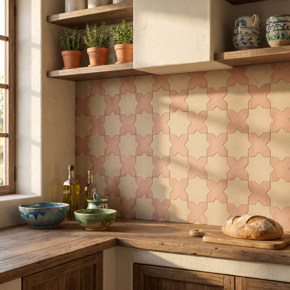 Kasbah matte porcelain checkerboard tile with terracotta cross and fawn star shapes conveying a bold earthy contrast with artisan geometric character