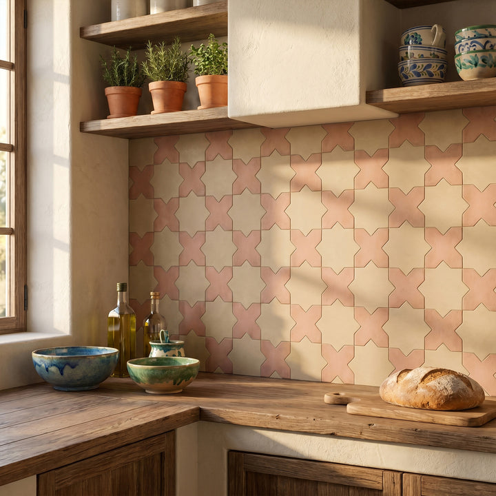 Kasbah matte porcelain checkerboard tile with terracotta cross and fawn star shapes conveying a bold earthy contrast with artisan geometric character