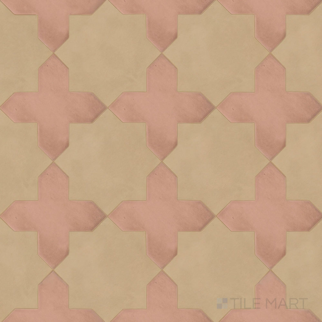 Overview of Kasbah terracotta cross and fawn star checkerboard matte porcelain tile from an alternate angle highlighting its inverted warm earthy contrast and interlocking geometric pattern