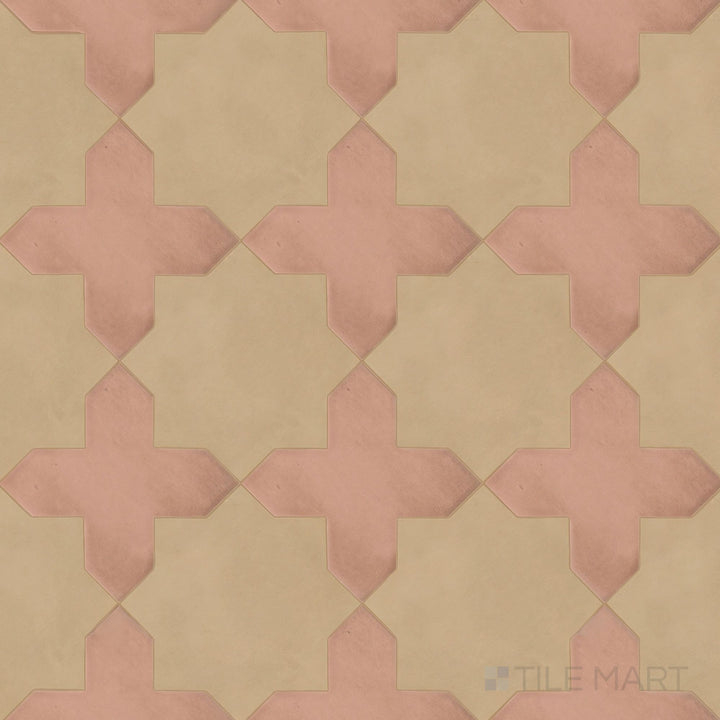 Overview of Kasbah terracotta cross and fawn star checkerboard matte porcelain tile from an alternate angle highlighting its inverted warm earthy contrast and interlocking geometric pattern