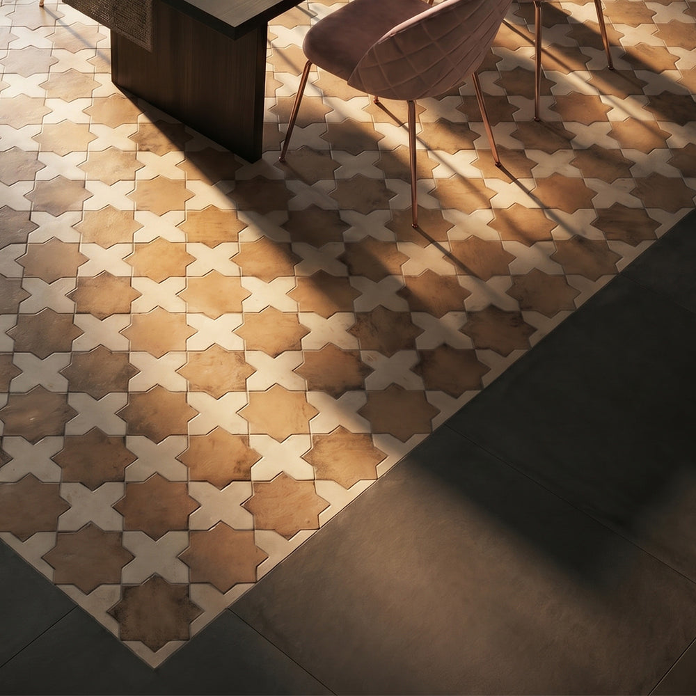 Amalfi 7x7 matte porcelain checkerboard tile with bone cross and mud star shapes conveying a soft, earthy contrast with understated geometric appeal