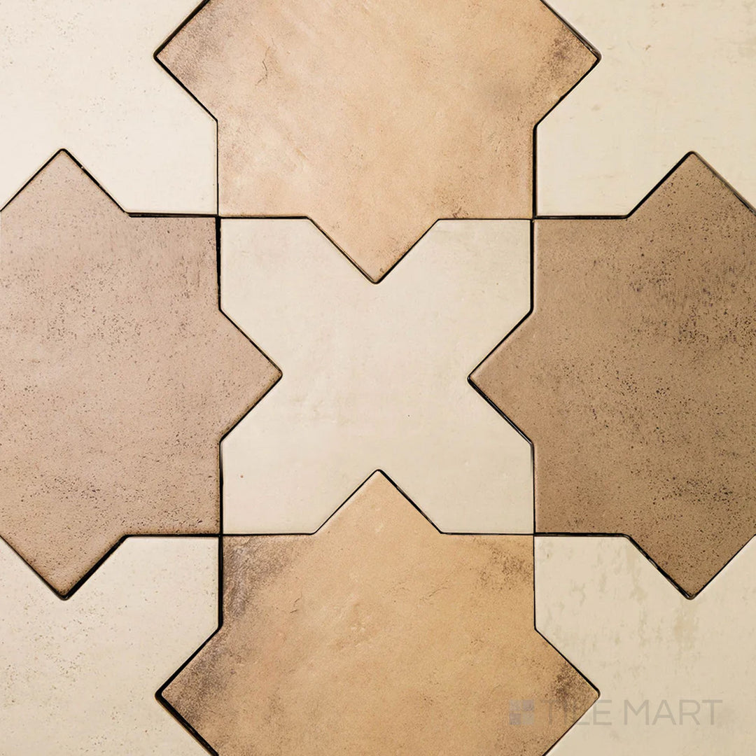 Italian-inspired 7x7 matte porcelain checkerboard tile with bone cross pieces set against deep mud star shapes