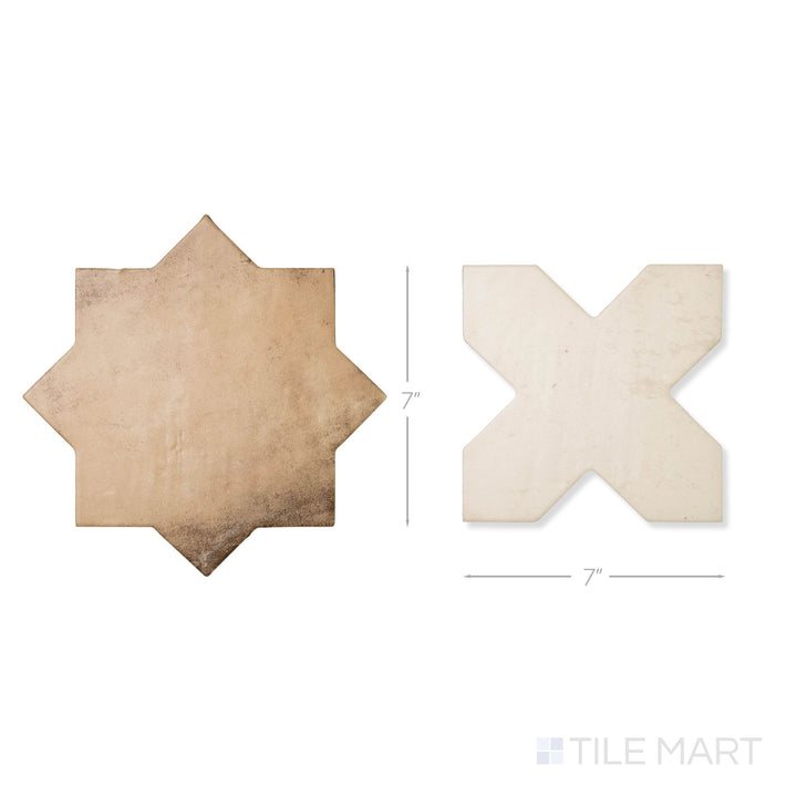 Top-down view of a single Amalfi 7x7 tile in bone cross and mud star checkerboard matte porcelain tile showing its interlocking geometric surface and matte finish detail