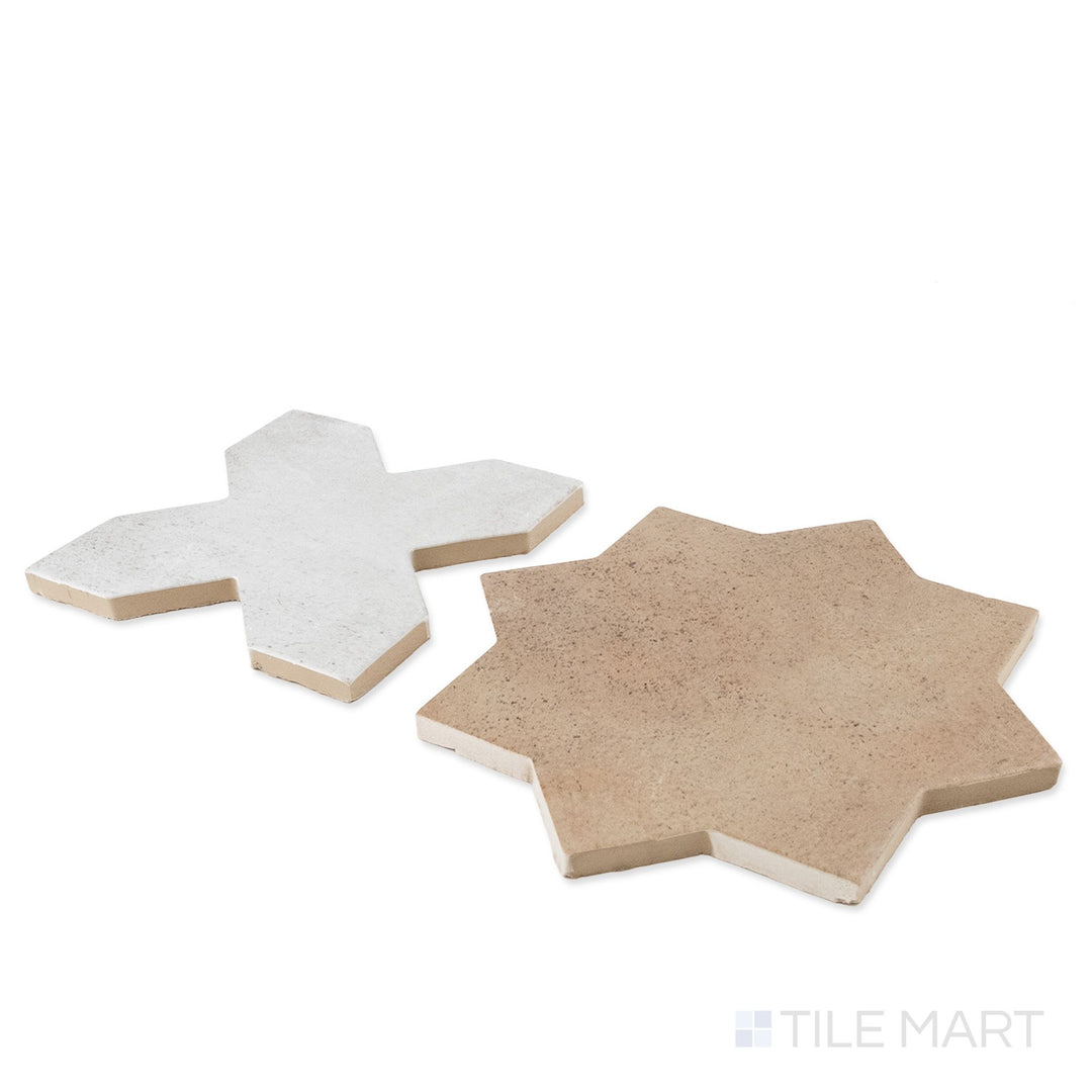 Corner shot of Amalfi 7x7 tile in bone cross and mud star checkerboard matte porcelain tile revealing its edge profile and two-piece geometric matte surface