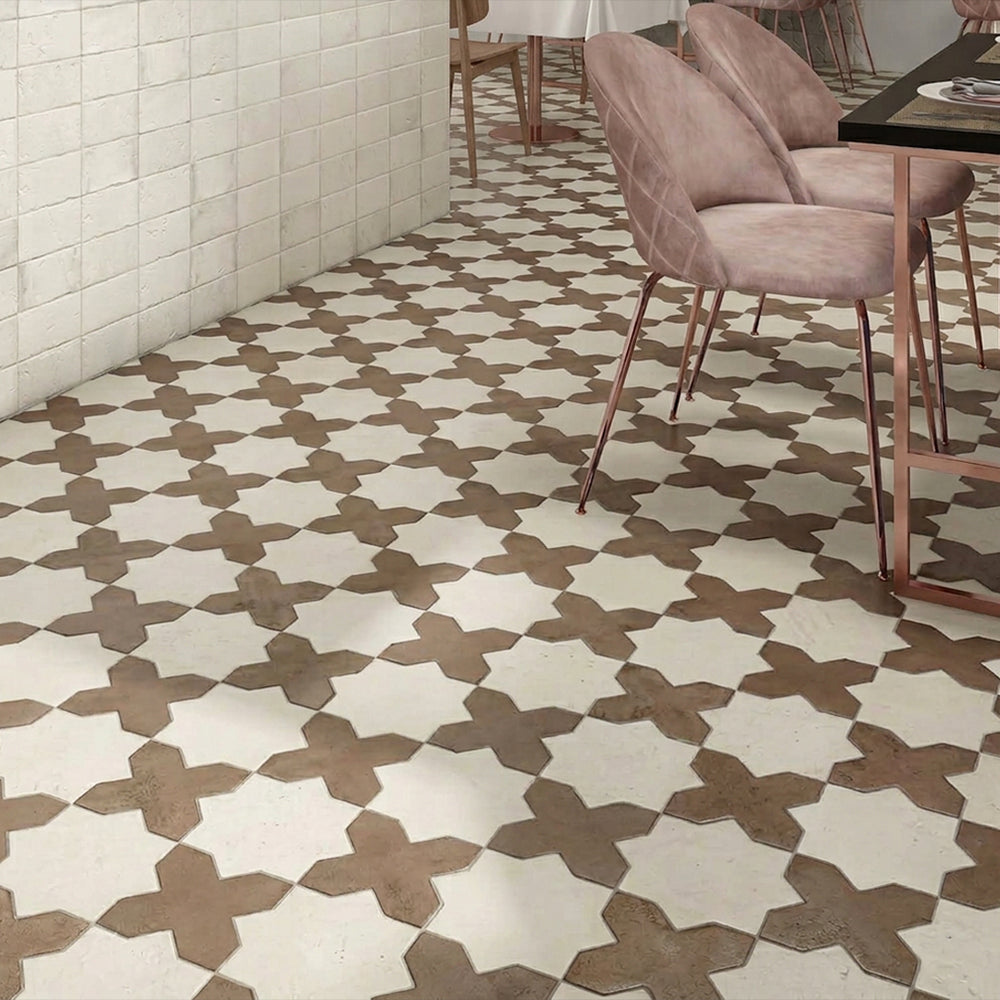 Amalfi 7x7 matte porcelain checkerboard tile with mud cross and bone star shapes reflecting a warm, inverted earthy palette with artisan geometric rhythm