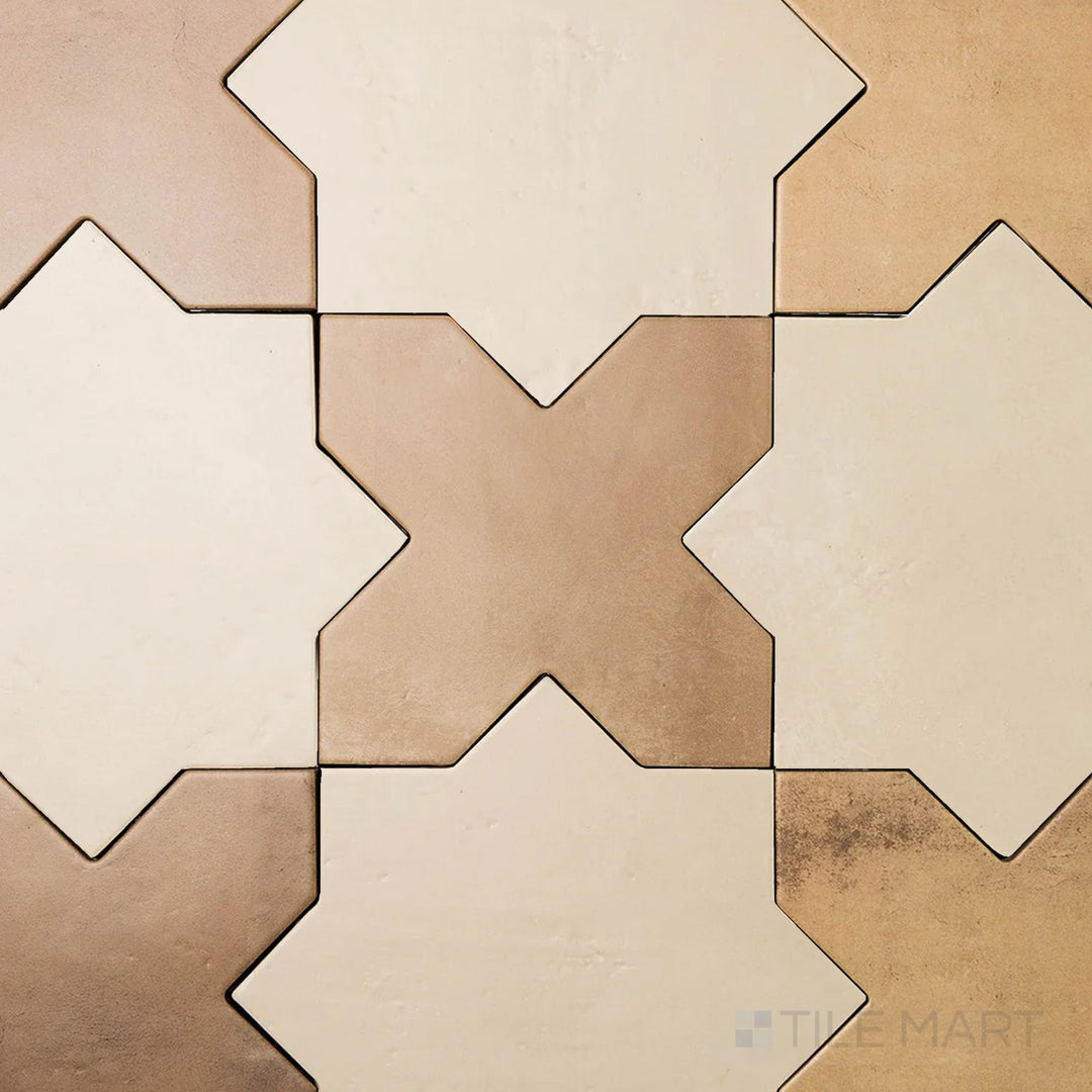 7x7 matte porcelain Amalfi tile featuring rich mud cross tiles interlocked with crisp bone star accents