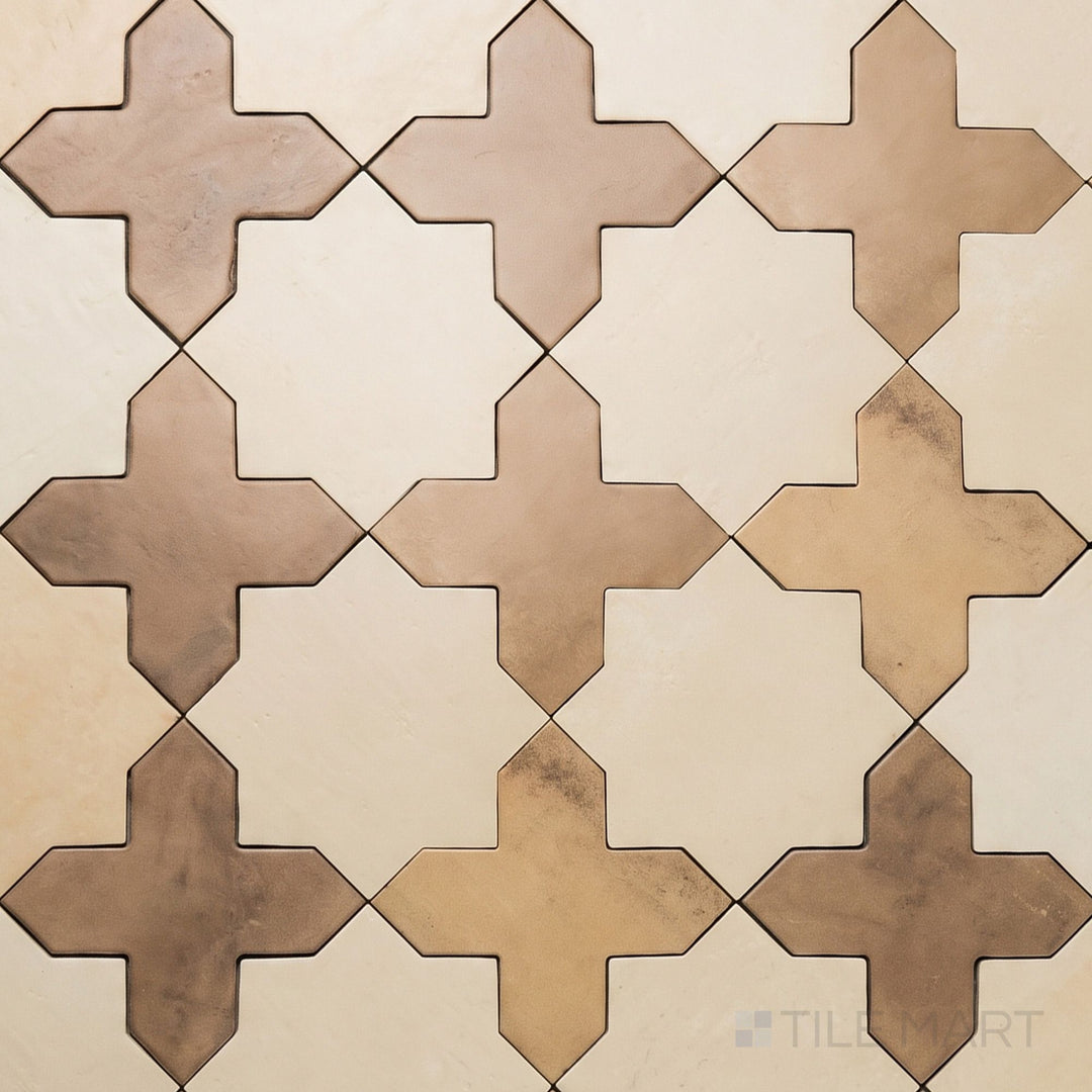 Overview of Amalfi 7x7 tile in mud cross and bone star checkerboard matte porcelain tile from an alternate angle highlighting its tile in mud and bone color contrast