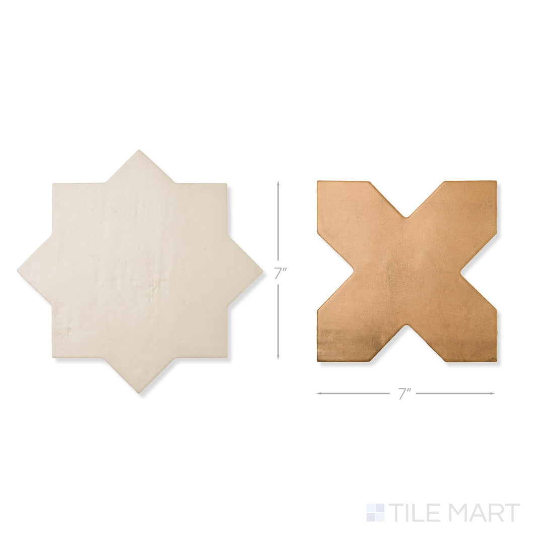 Top-down view of a single Amalfi 7x7 tile in mud cross and bone star checkerboard matte porcelain tile showing its interlocking geometric surface and matte finish detail
