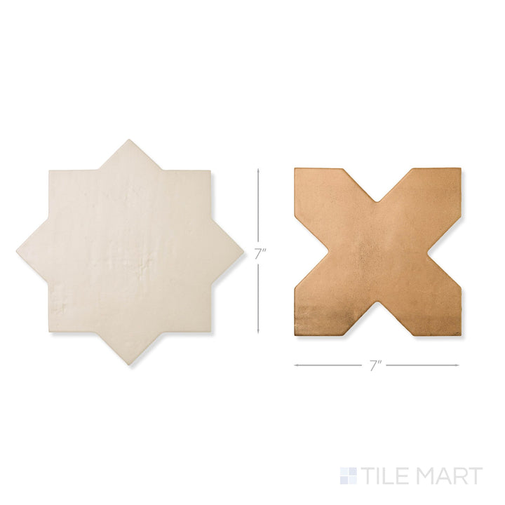 Top-down view of a single Amalfi 7x7 tile in mud cross and bone star checkerboard matte porcelain tile showing its interlocking geometric surface and matte finish detail