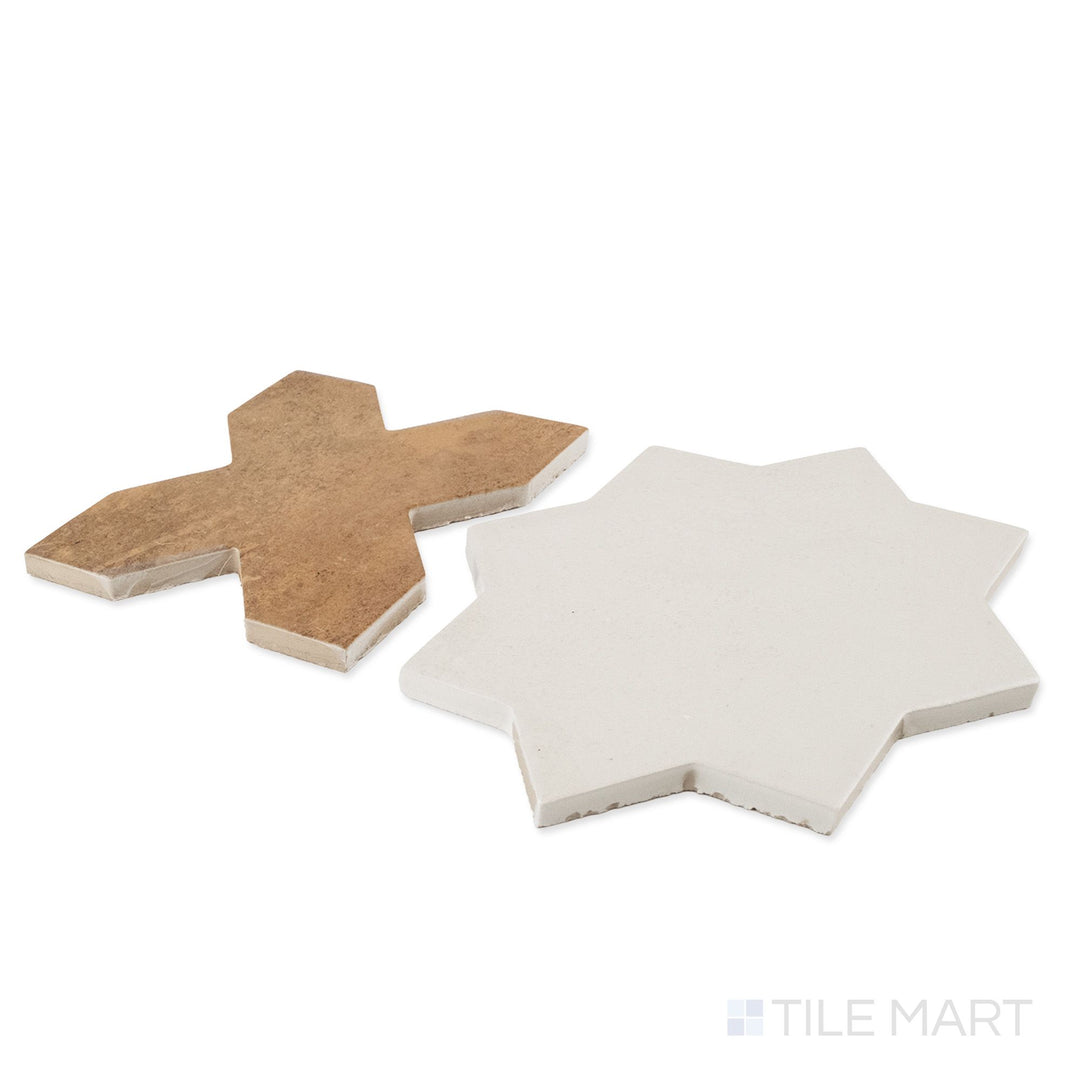 Corner shot of Amalfi 7x7 tile in mud cross and bone star checkerboard matte porcelain tile revealing its edge profile and two-piece geometric matte surface