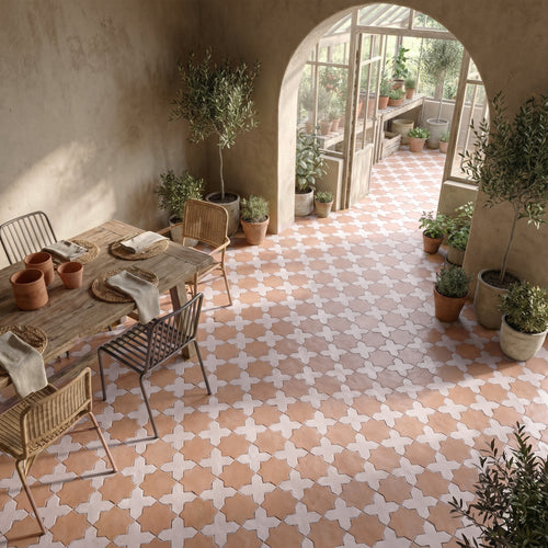 Amalfi 7x7 Checkerboard Matte Porcelain Tile in Bone Cross and Terracotta Star
