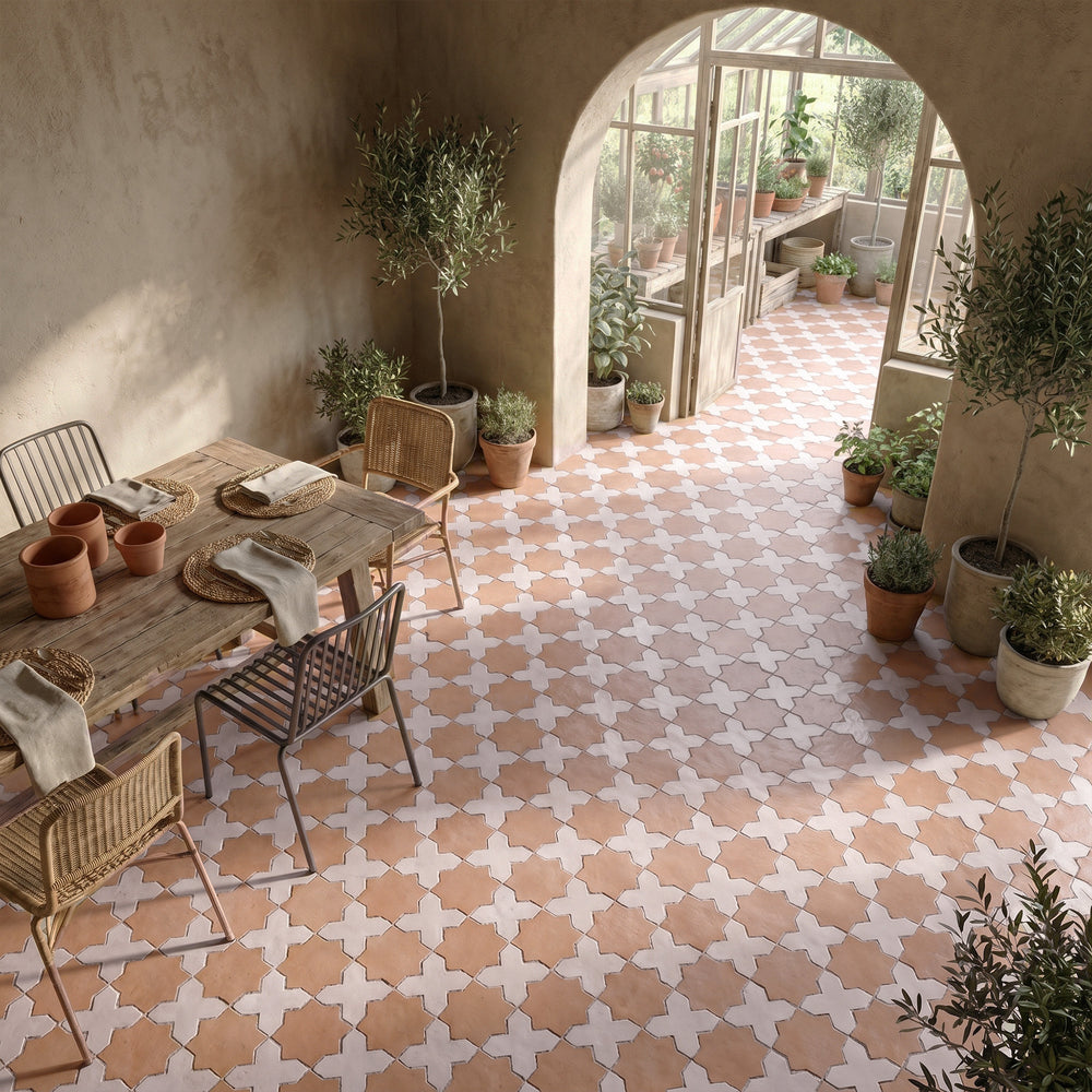 Amalfi 7x7 matte porcelain checkerboard tile with bone cross and terracotta star shapes showcasing a crisp neutral base with bold Mediterranean warmth