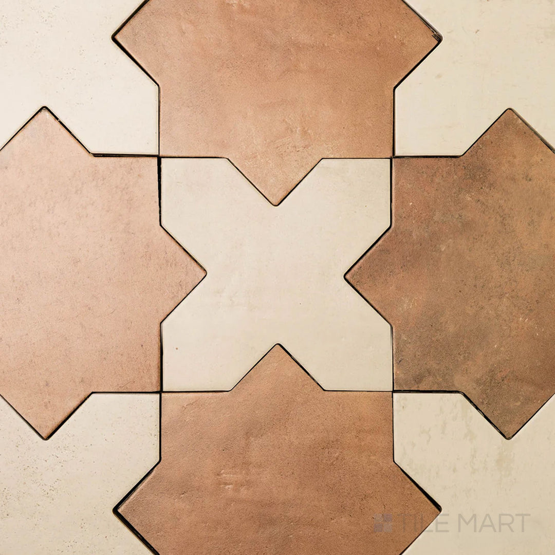 Geometric 7x7 matte porcelain tile pairing clean bone cross shapes with warm terracotta star pieces