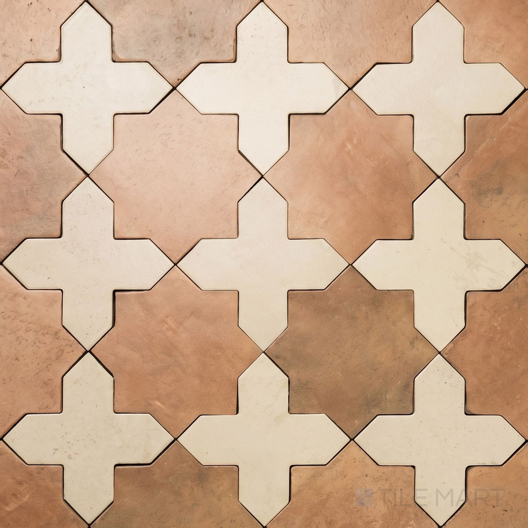 Overview of Amalfi 7x7 tile in bone cross and terracotta star checkerboard matte porcelain tile from an alternate angle highlighting its tile in bone and terracotta color contrast