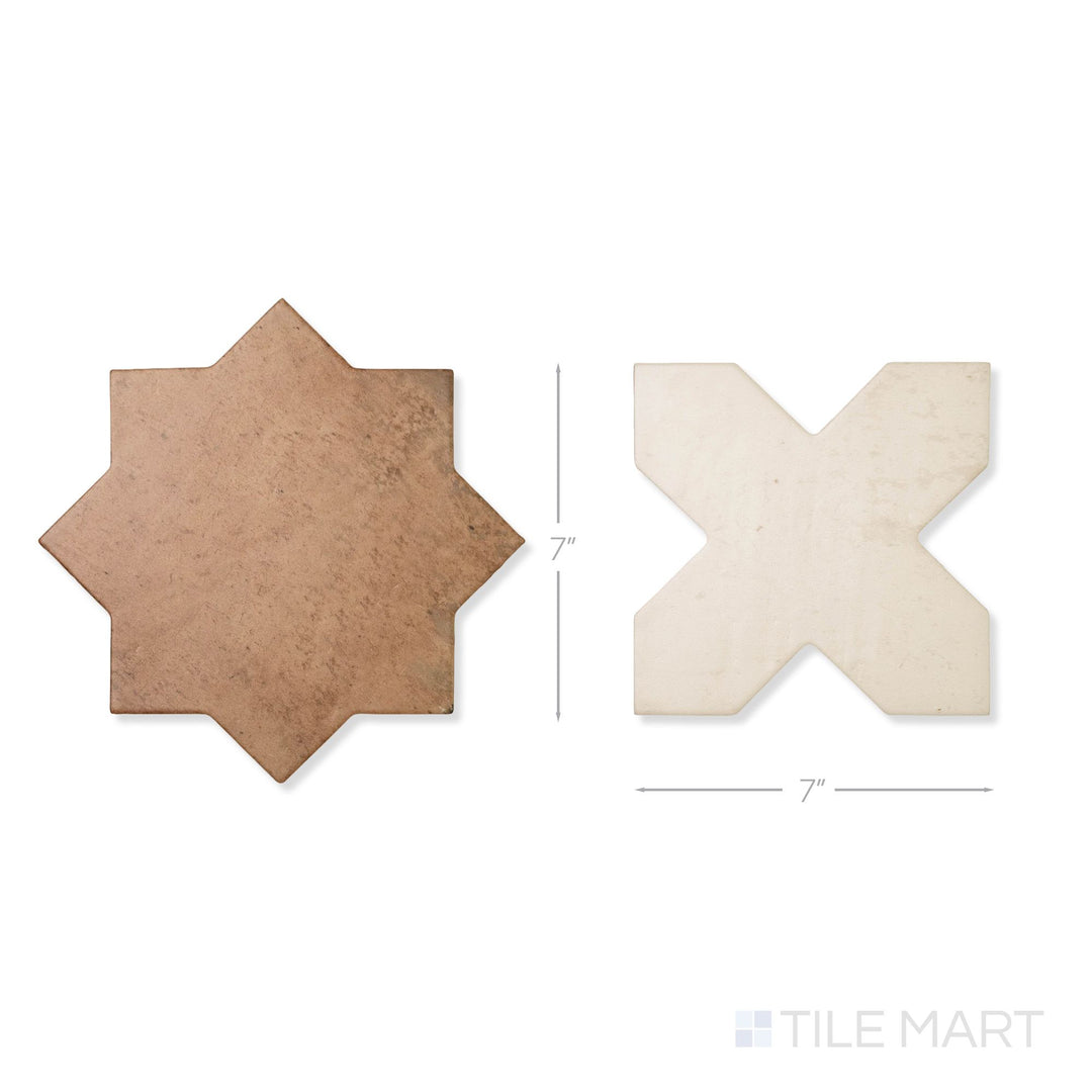 Top-down view of a single Amalfi 7x7 tile in bone cross and terracotta star checkerboard matte porcelain tile showing its interlocking geometric surface and matte finish detail