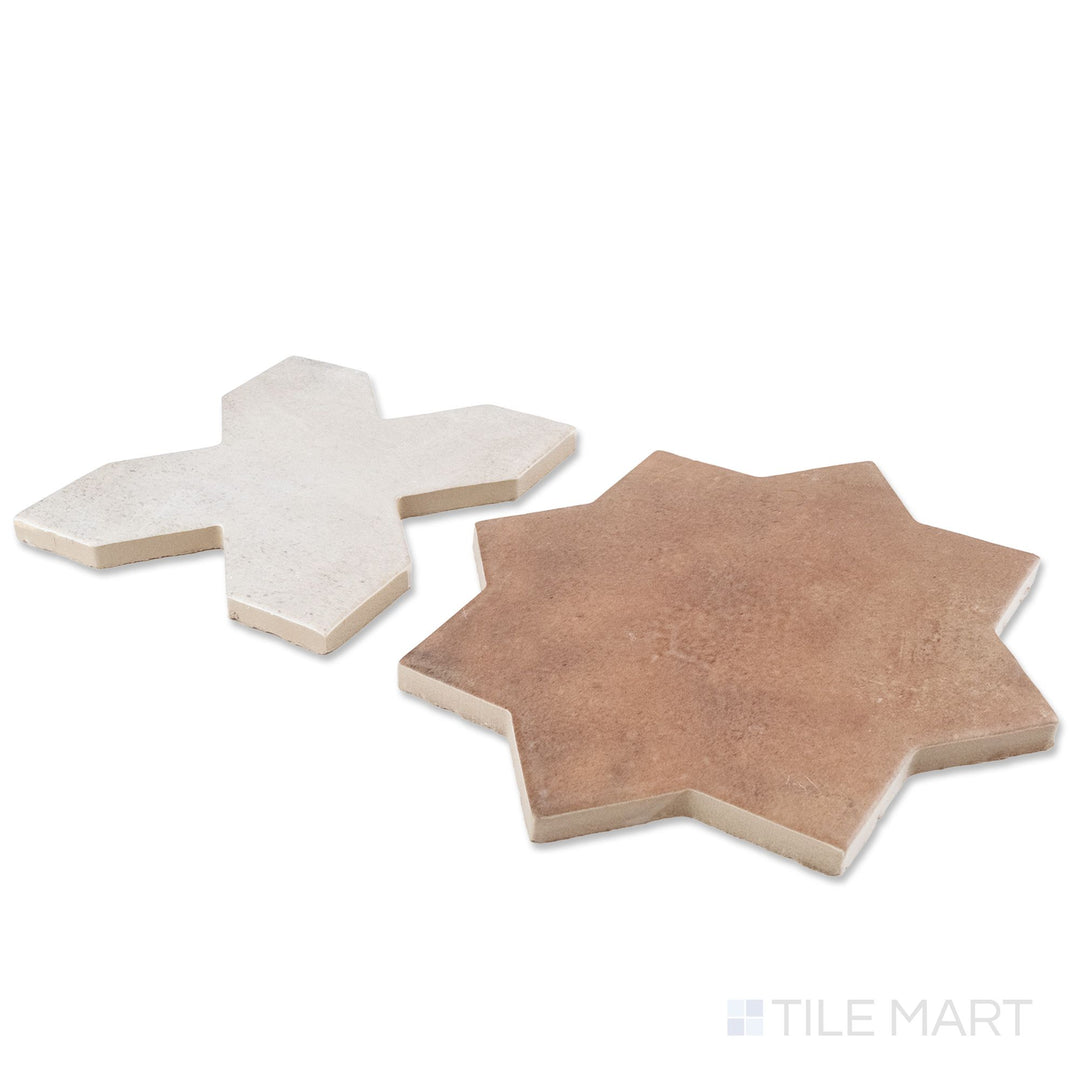 Corner shot of Amalfi 7x7 tile in bone cross and terracotta star checkerboard matte porcelain tile revealing its edge profile and two-piece geometric matte surface