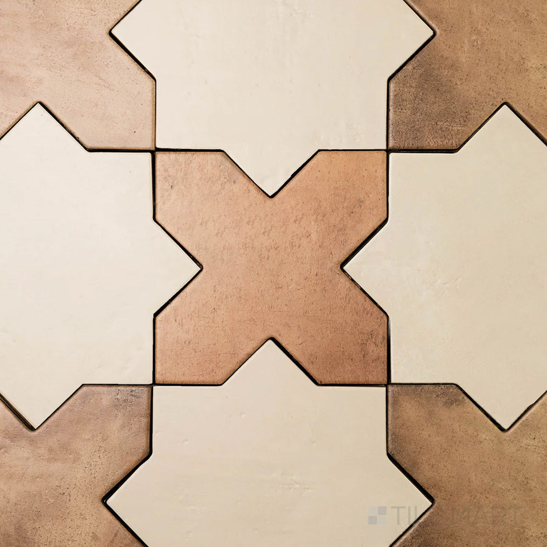 7x7 matte porcelain Amalfi checkerboard tile contrasting delicate bone cross tiles with cool gray star shapes