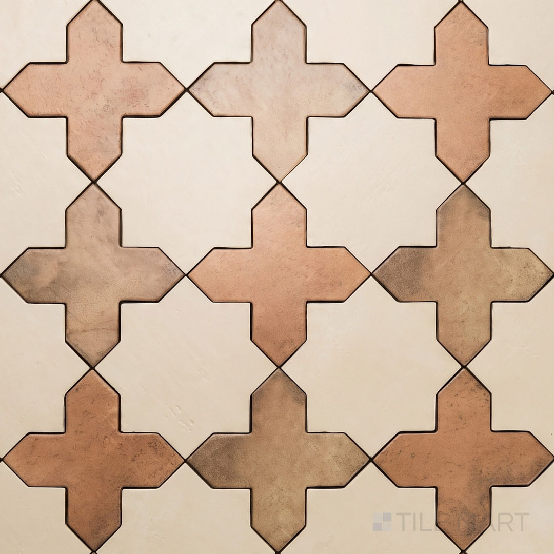 Overview of Amalfi 7x7 tile in terracotta cross and bone star checkerboard matte porcelain tile from an alternate angle highlighting its tile in terracotta and bone color contrast