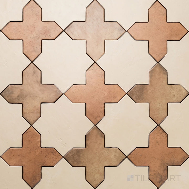Overview of Amalfi 7x7 tile in terracotta cross and bone star checkerboard matte porcelain tile from an alternate angle highlighting its tile in terracotta and bone color contrast