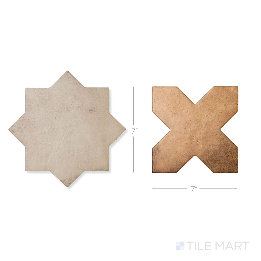 Top-down view of a single Amalfi 7x7 tile in terracotta cross and bone star checkerboard matte porcelain tile showing its interlocking geometric surface and matte finish detail