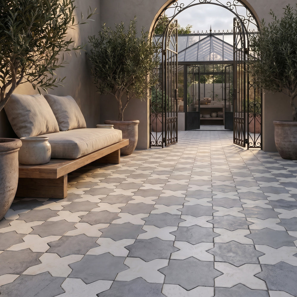 Amalfi 7x7 matte porcelain checkerboard tile with bone cross and gray star shapes reflecting a clean, modern contrast with quiet geometric sophistication