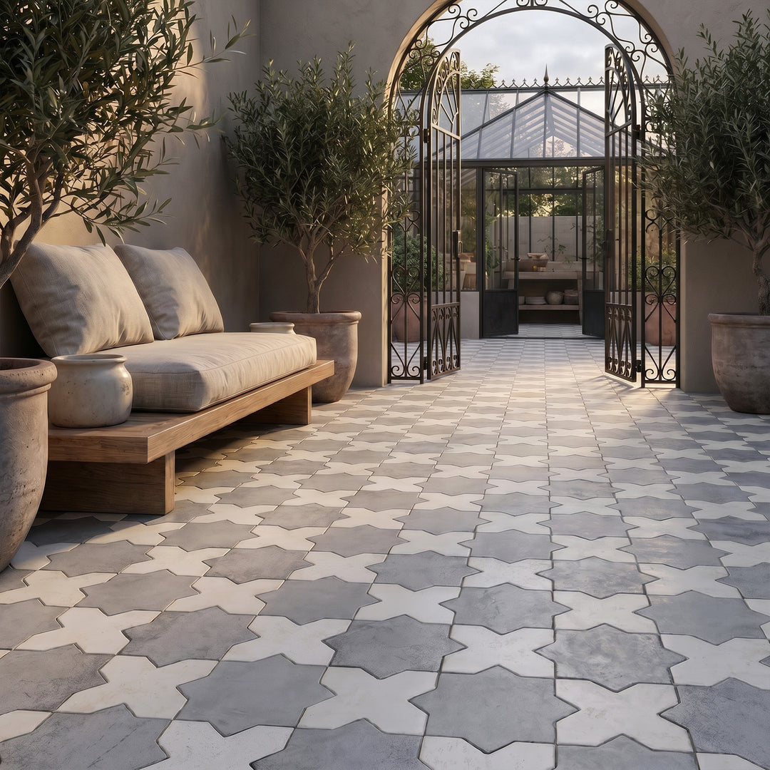 Amalfi 7x7 matte porcelain checkerboard tile with bone cross and gray star shapes reflecting a clean, modern contrast with quiet geometric sophistication