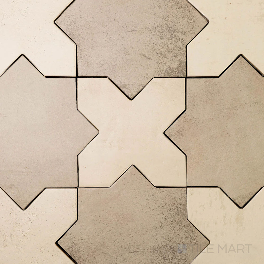 Earthy terracotta cross shapes interlocking with soft bone stars in a 7x7 matte porcelain Amalfi pattern