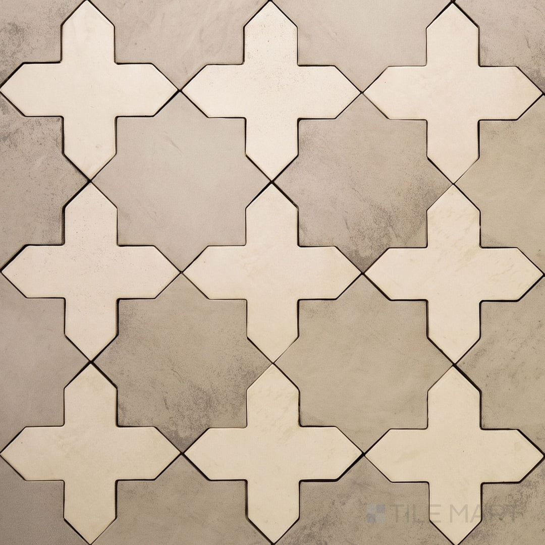 Overview of Amalfi 7x7 tile in bone cross and gray star checkerboard matte porcelain tile from an alternate angle highlighting its tile in bone and gray color contrast