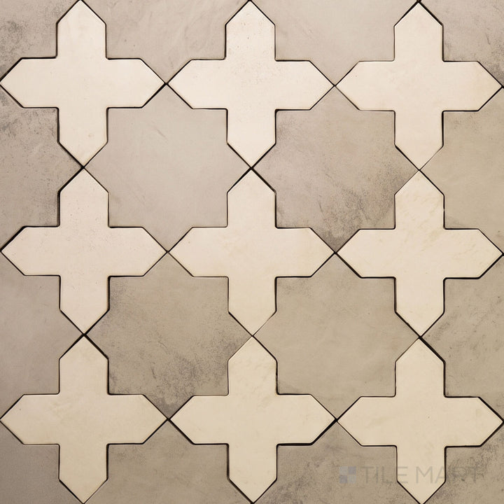 Overview of Amalfi 7x7 tile in bone cross and gray star checkerboard matte porcelain tile from an alternate angle highlighting its tile in bone and gray color contrast