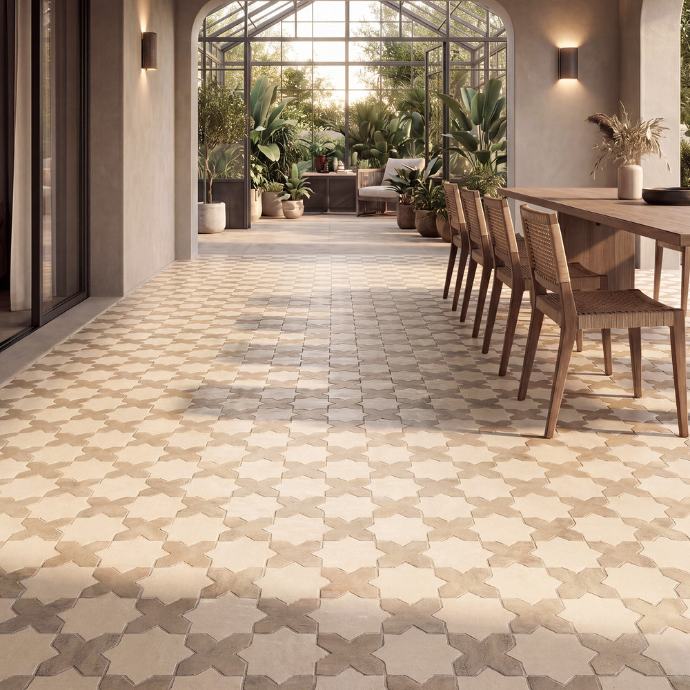 Amalfi 7x7 matte porcelain checkerboard tile with gray cross and bone star shapes conveying a cool, composed palette with refined interlocking detail
