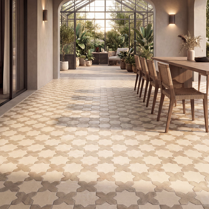 Amalfi 7x7 matte porcelain checkerboard tile with gray cross and bone star shapes conveying a cool, composed palette with refined interlocking detail
