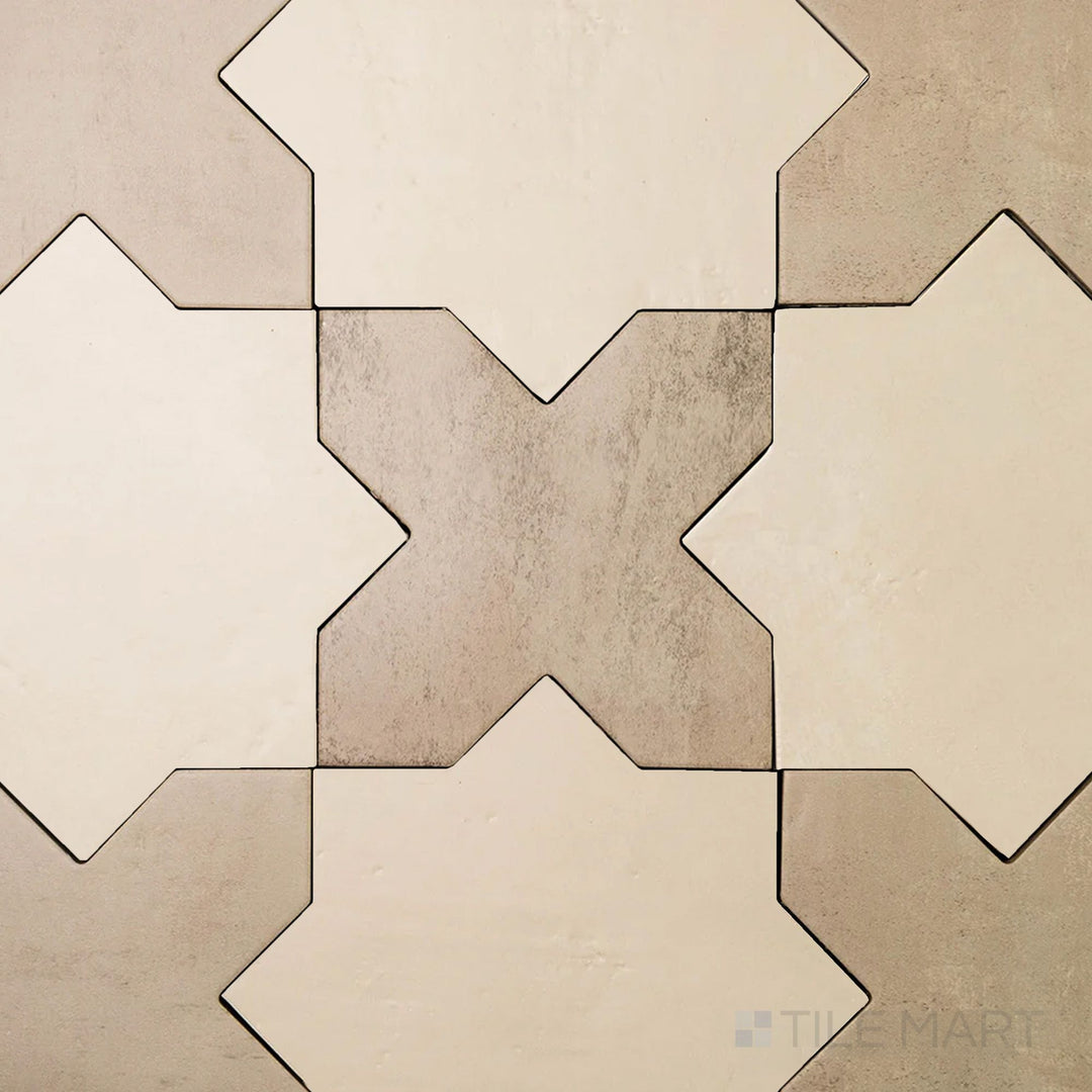 Cool gray cross pieces set against understated bone stars in a geometric 7x7 matte porcelain Amalfi tile