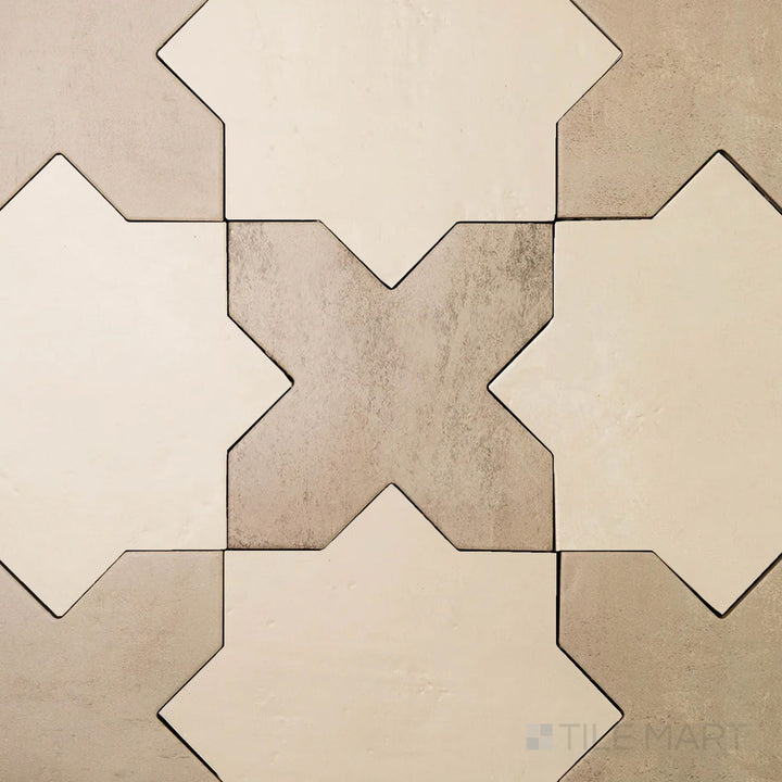 Cool gray cross pieces set against understated bone stars in a geometric 7x7 matte porcelain Amalfi tile