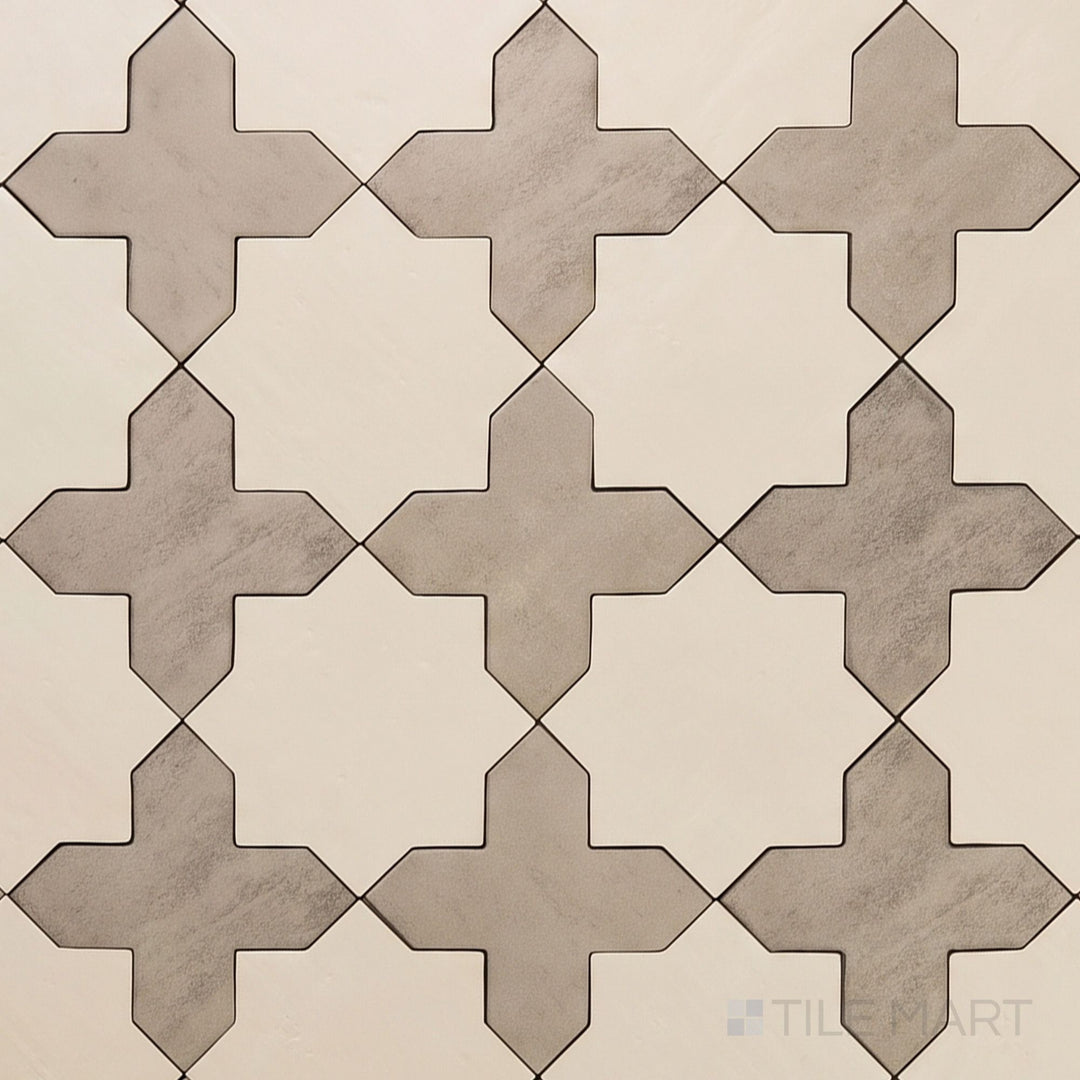 Overview of Amalfi 7x7 tile in gray cross and bone star checkerboard matte porcelain tile from an alternate angle highlighting its tile in gray and bone color contrast