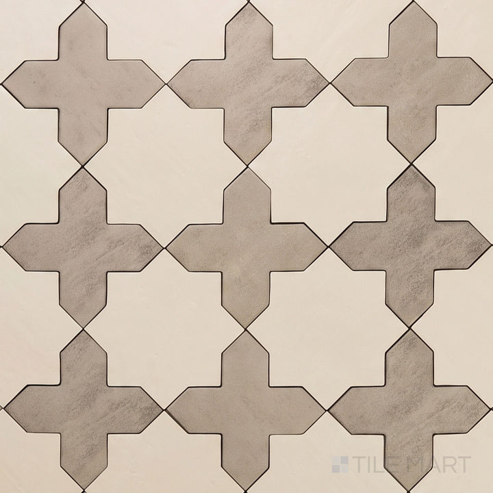 Overview of Amalfi 7x7 tile in gray cross and bone star checkerboard matte porcelain tile from an alternate angle highlighting its tile in gray and bone color contrast