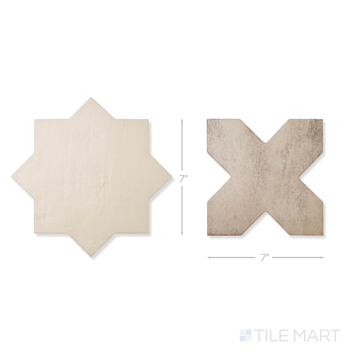 Top-down view of a single Amalfi 7x7 tile in gray cross and bone star checkerboard matte porcelain tile showing its interlocking geometric surface and matte finish detail