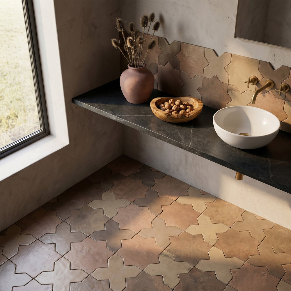 Amalfi 7x7 matte porcelain checkerboard tile with mud cross and terracotta star shapes capturing a deeply earthy, tone-on-tone warmth with organic character